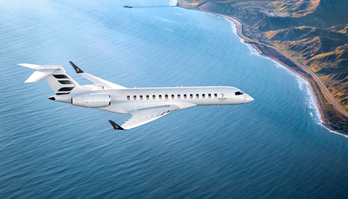 Luxury Ultra Long Range Bombardier 8000 Flying over Ocean