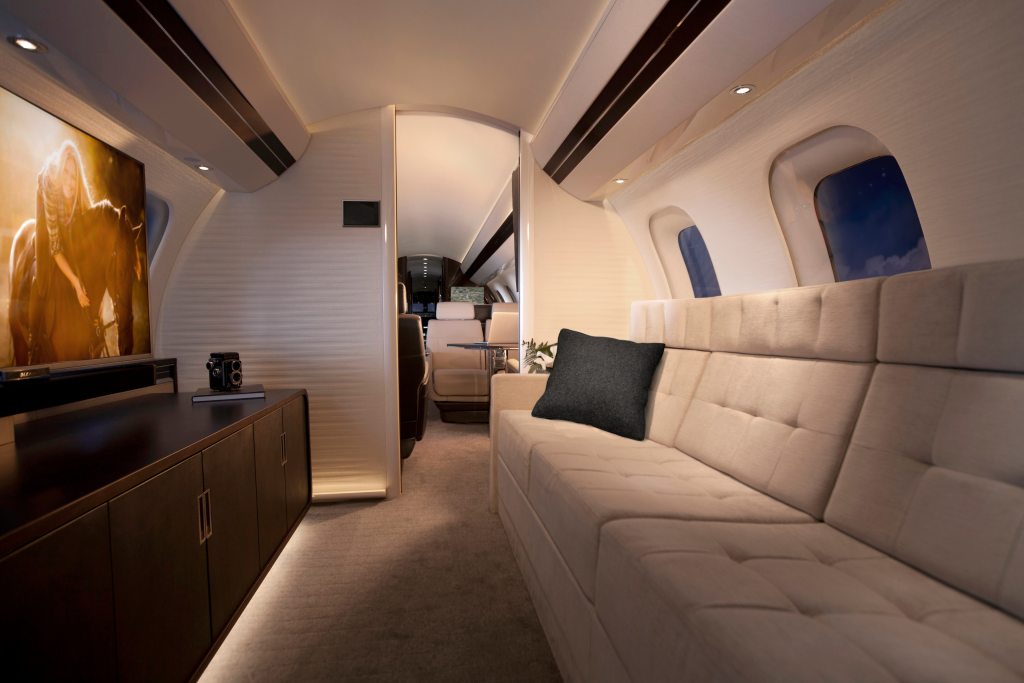 luxurious interior of a private jets internal entertainment suite