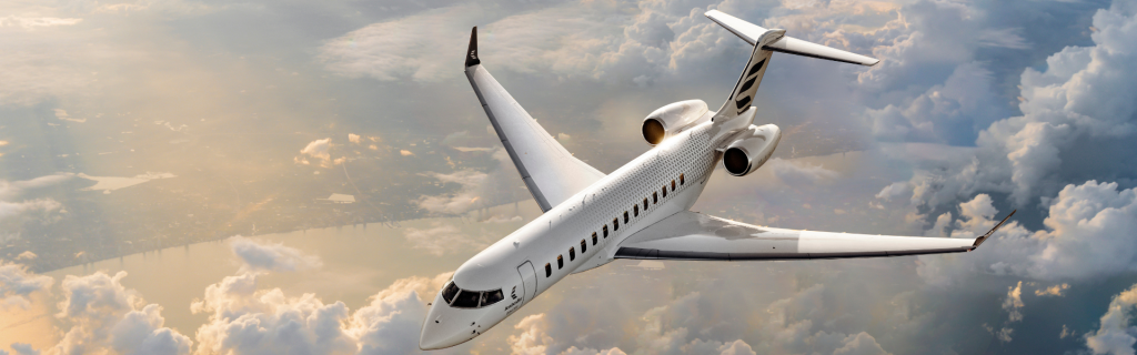 ultra luxury private jet global 7500 flying over clouds