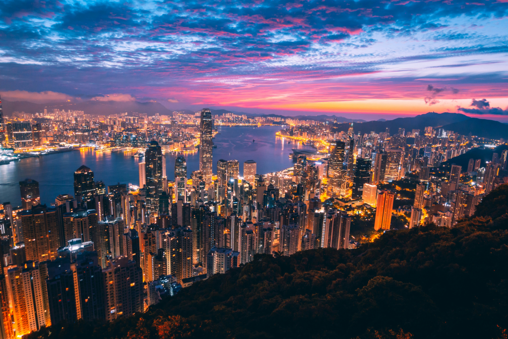 city skyline of hong kong at dusk