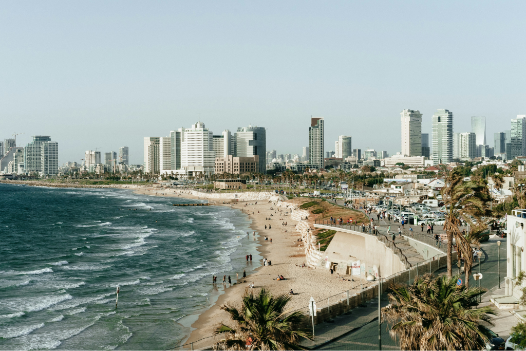 beach and waves on a sunny day at
Tel Aviv in Israel