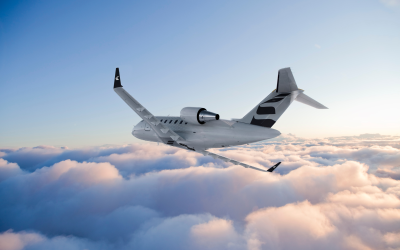Challenger 650 Exterior flying over Pink and Blue Clouds