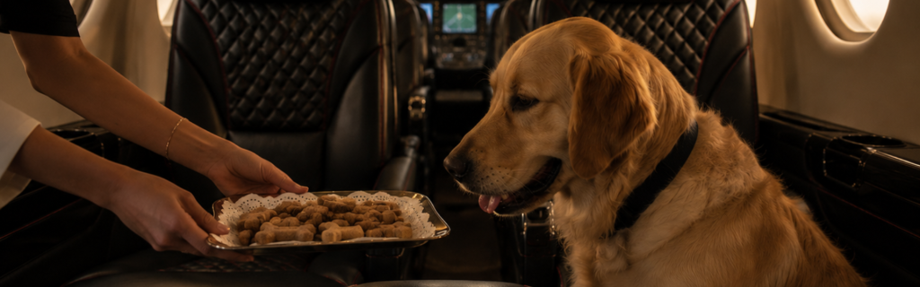 a dog getting served treats on a private jet