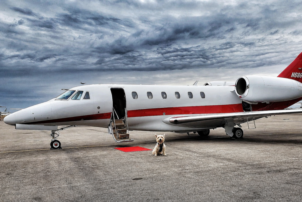 dog sitting beside a private jet with a red carpet