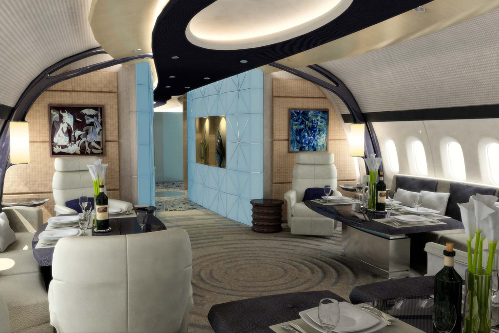 luxury private jet interior with blue accents